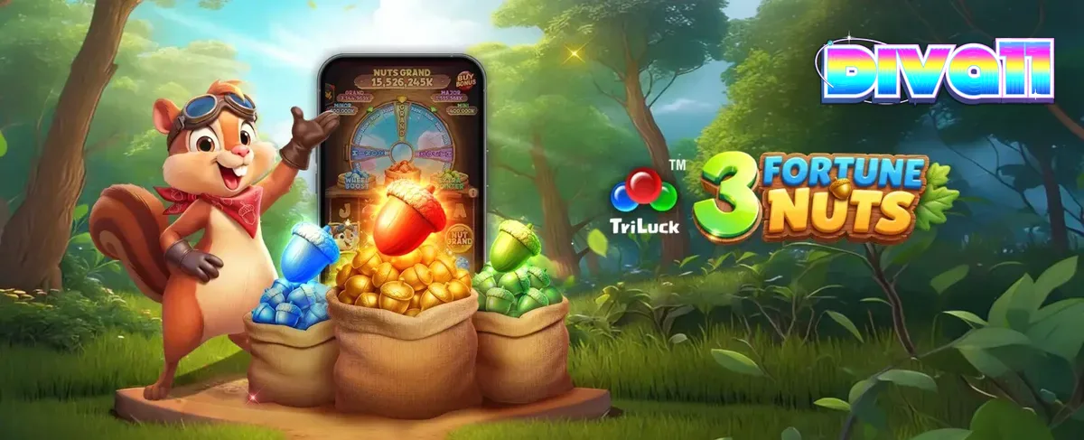 Tampilan visual slot 3 Fortune Nuts dengan tema hutan musim gugur yang ceria